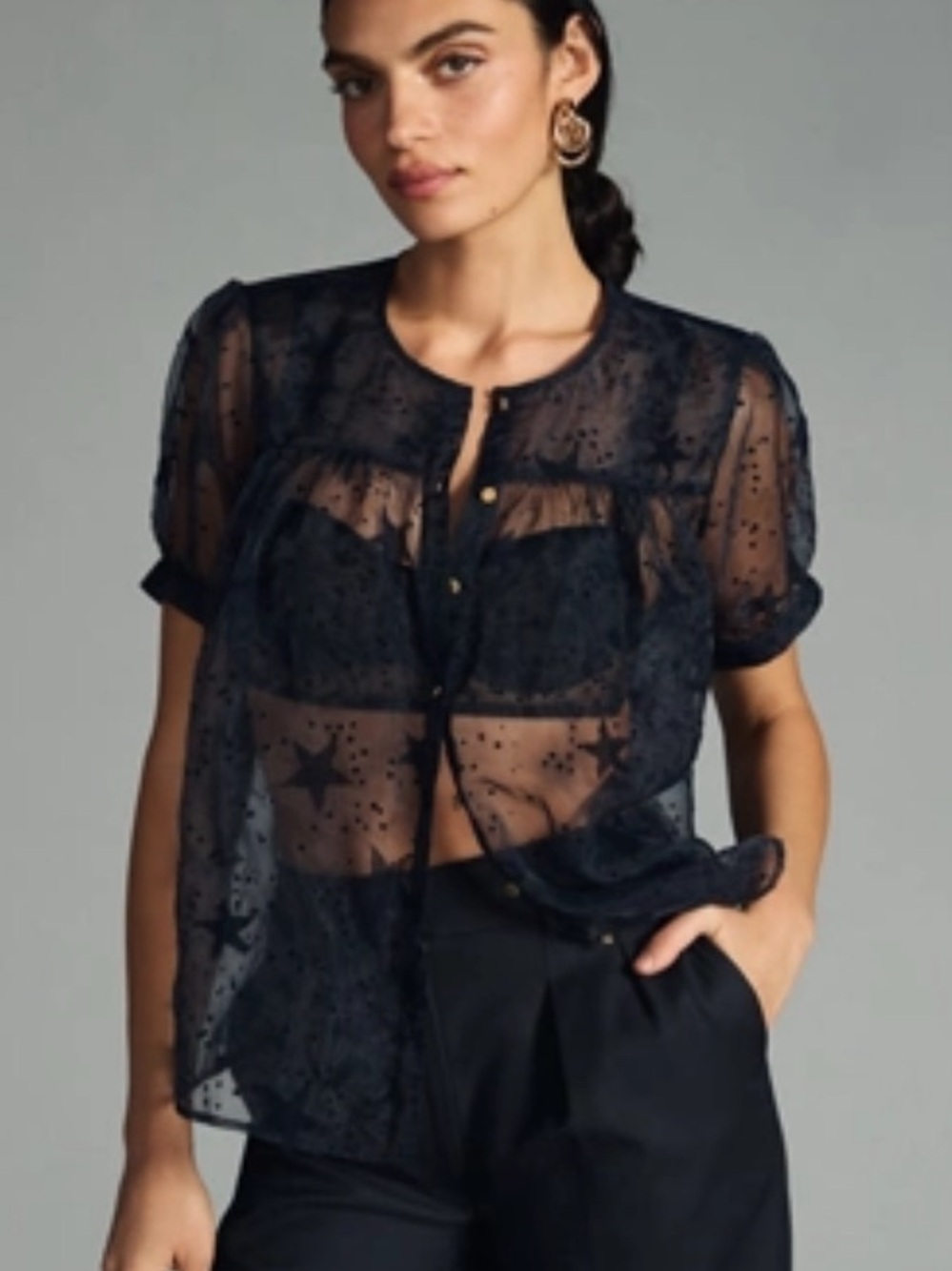 Let Me Be Anthropologie Sheer Navy Blue Star Blouse size medium